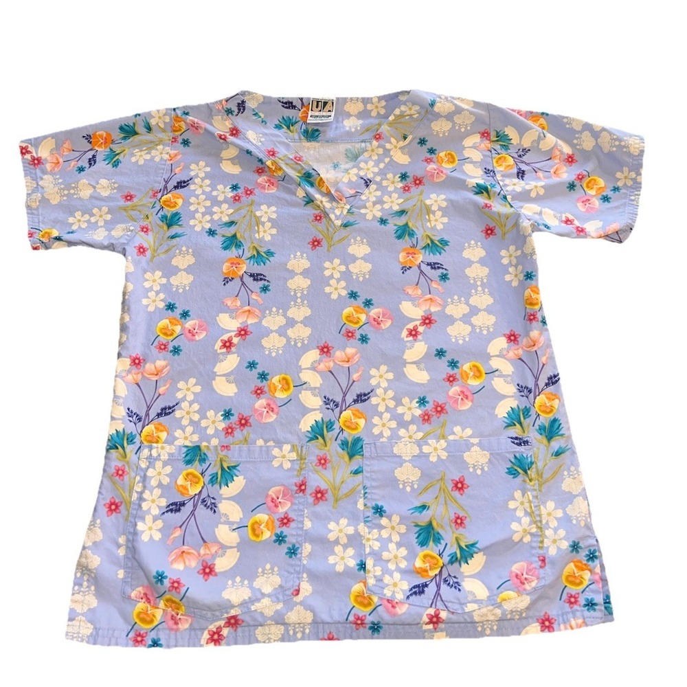 UA Uniform Advantage XS Scrub Top‎ Blue Multicolor Floral Cottagecore